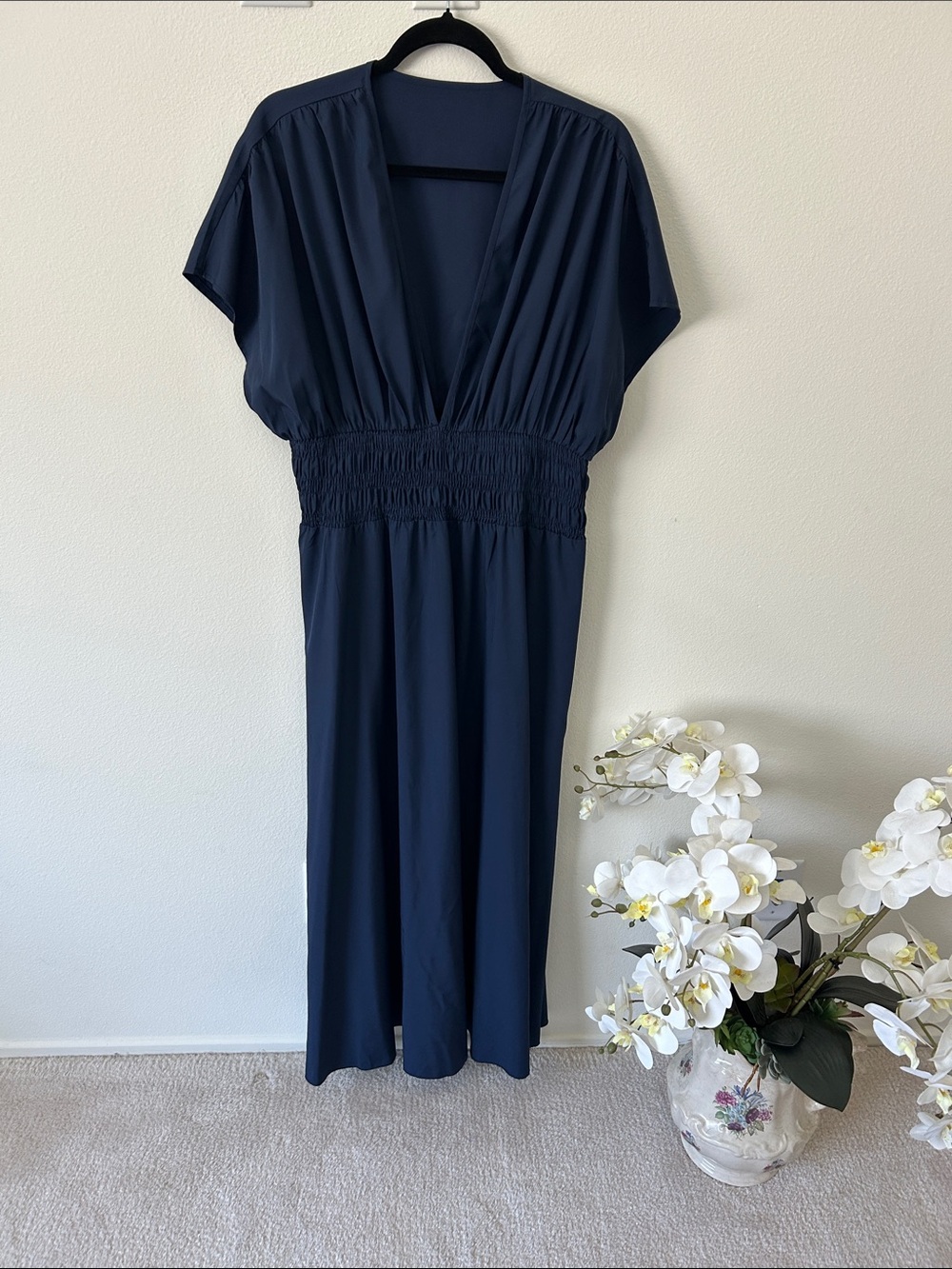 Navy V-Neck Smocked-Waist Women’s Dress